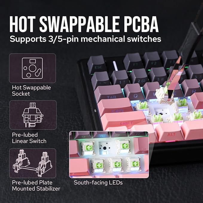 EPOMAKER X Aula F75 75% Wireless Gaming Keyboard, BT/2.4GHz/USB-C, Hot Swappable Creamy Mechanical Keyboard with 5-Layer Padding&Knob, NKRO, RGB (Black Pink, Reaper)