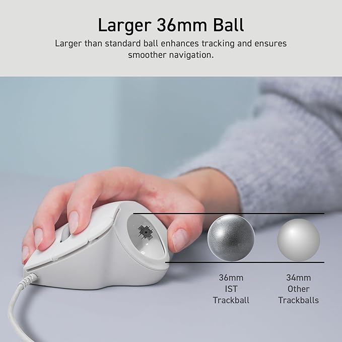 ELECOM Ergonomic Comfort Design Trackball IST Wired USB-A Connection, Smooth Tracking with Ruby Ball Bearing, 36mm Ball, Thumb Control, Compatible for Windows, PC, and Mac White (M-IT10URWH)