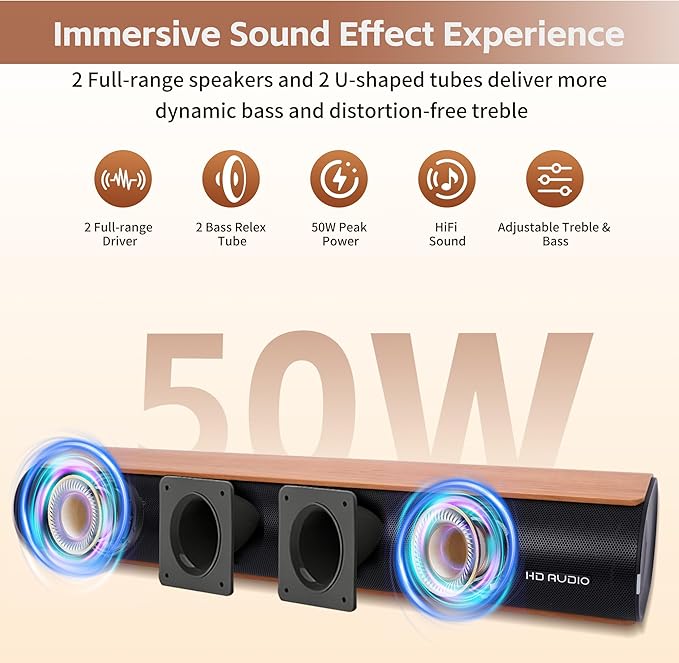 Sound Bar for Smart TV,50W Soundbar with Bluetooth/ARC/Optical/AUX Connect, Auto Volume Boost