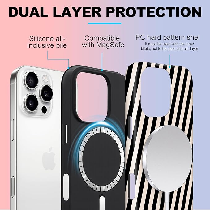 Magnetic for iPhone 16 Pro Case Cute Diagonal Stripes Phone Case, Shockproof Slim TPU and Hard PC Protective Phone Cover Compatible with MagSafe Designed for Women Girls,Black and White