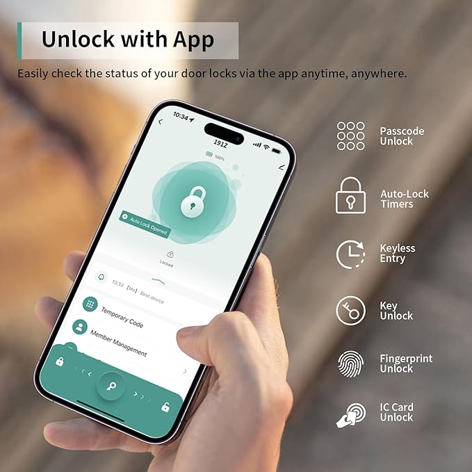 IRONZON Fingerprint Door Handle for bedrooms - 191Y 5-in-1 Fingerprint Door Lock with keypad and app Control, smart knob for Bedroom with Key and NFC, keyless Entry Door Handle - Black