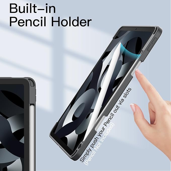JETech Case ONLY for iPad Air 11-Inch M4/M3/M2 (2026/2025/2024), iPad Air 5/4 (2022/2020 5th/4th) with Pencil Holder, Clear Transparent Back Slim Stand Shockproof Tablet Cover (Dark Grey)