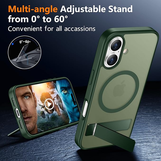 SPIDERCASE Magnetic for iPhone 16 Case,with [3 Stand Ways] [Military Grade Drop Protection] with Invisible Stand Shockproof Slim Phone Case for iPhone 16 6.1'',Dark Green