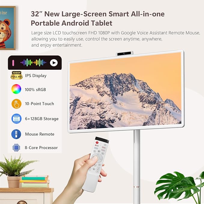 OFD 32" FHD Smart Portable TV on Wheels,Rolling TV Stand Tablet Android15 OS,6+128GB Storage,Built-in 9600mAh Battery,8MP Webcam,Speaker,Portable Smart TV Touchscreen with Remote,EDLA,Fully Rotatable