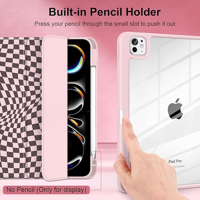 Case for iPad Pro 13 inch (M5) 2025 (M4) 2024 Release with Pencil Holder - Aesthetic Cute Design Trifold Cover with Soft TPU Bumper Clear Back Auto Sleep/Wake for Girls Women, Abstract lattice