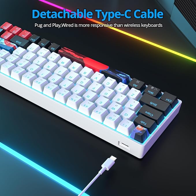 Protable 60% Percent Gaming Keyboard Mechanical, Mini Compact Ice-Blue LED Backlit 68 Keys Wired Office Keyboard with Red Switch for Mac/Win/PS4/PS5（68White/red Switch）