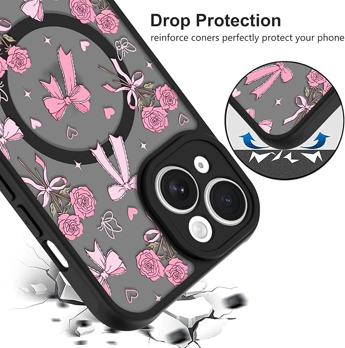KANGHAR Case Compatible with iPhone 15 Bows Bouquet Pattern [Compatible with Magsafe] Cute Flowers Florals Protective Magnetic Case for Girls Women Men
