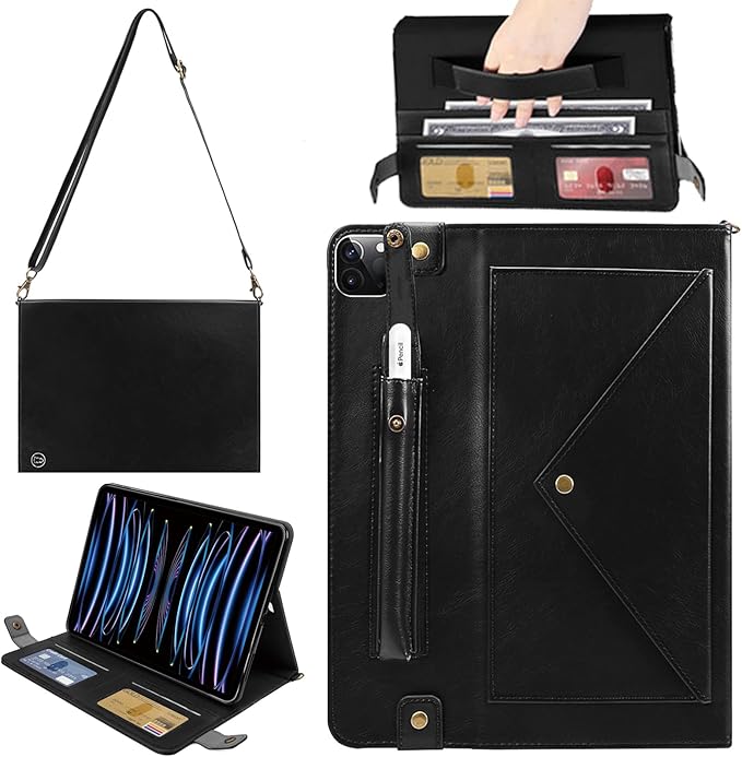 Handbag Case for iPad Pro 12.9-inch (4th/5th/6th Gen) & iPad Air 13" 2025/2024, Techcircle Folio Stand PU Leather Crossbody Wallet Case with Pencil Holder, Hand Strap & Shoulder Strap, Black