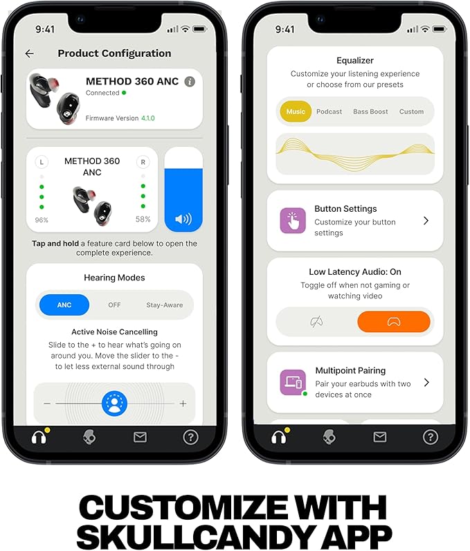 Skullcandy Method 360 ANC Wireless Earbuds, Sound by Bose, Bluetooth Headphones, Premium Noise Cancelling, Up to 40 Hrs Battery, Sweat and Water Resistant, Microphone for iPhone Android - Primer