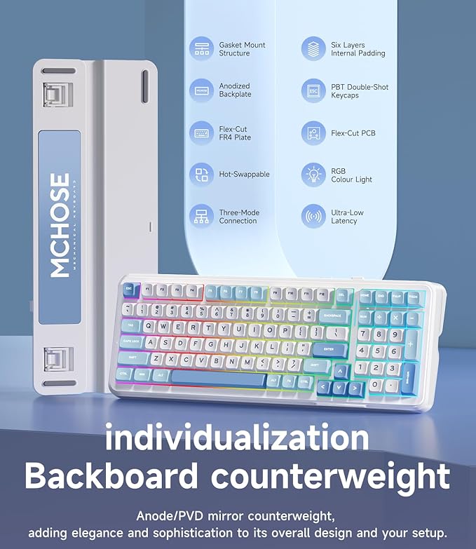 MCHOSE K99 98% Wireless Mechanical Keyboard, Tri-Mode Connection, Compact Gaming Keyboard with Six-Layer Padding Gasket, RGB Backlit,Hot Swappable Custom Keyboard for Mac/PC