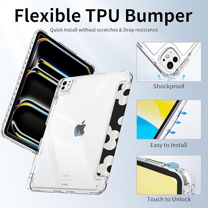 Case for iPad mini 7 2024 (A17 Pro)/ iPad mini 6 (2021), iPad 8.3-inch 7th/6th Generation Case, Trifold Stand Protective Slim Clear Back Cover with Pencil Holder, Black Daisy