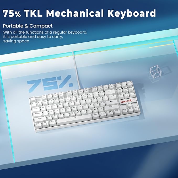 Redragon K552P Mechanical Gaming Keyboard TKL with 18 Backlight Modes, Hot-Swappable Blue Switches, 87-Key Compact Ergonomic Design, N-Key Rollover & Software Programmable Macro - RGB, White