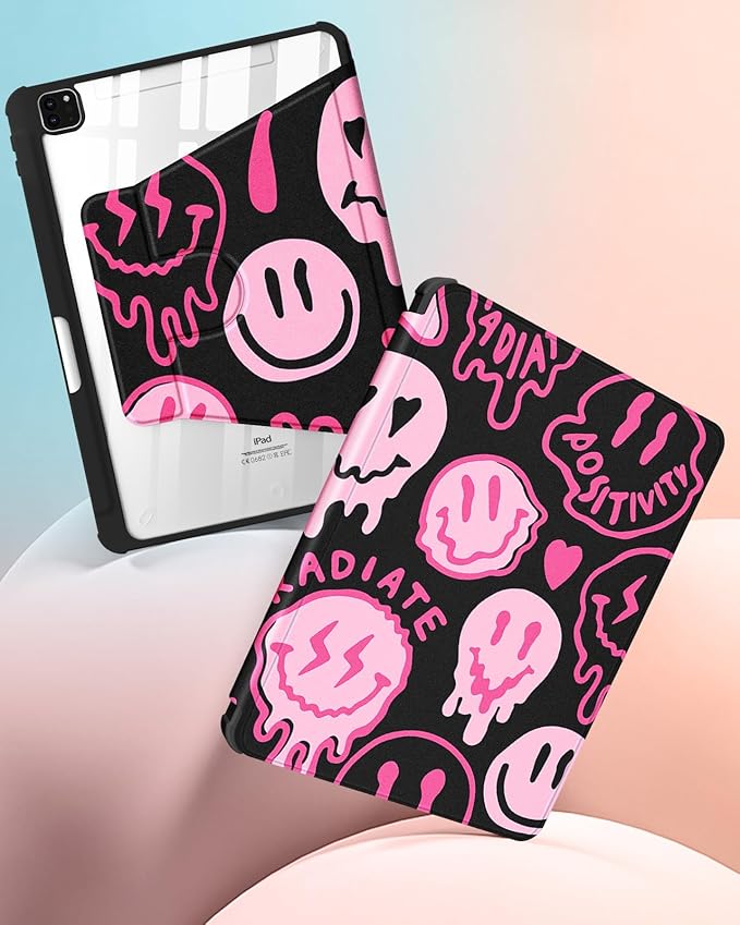 Uppuppy for iPad Pro 12.9 Case Folio Cover with Pencil Holder Women Cute Girls Girly Smile Design Unique Kawaii Fashion Rotating Stand for Apple iPad Pro 12.9 Inch Cases 2022/2021/2020/2018