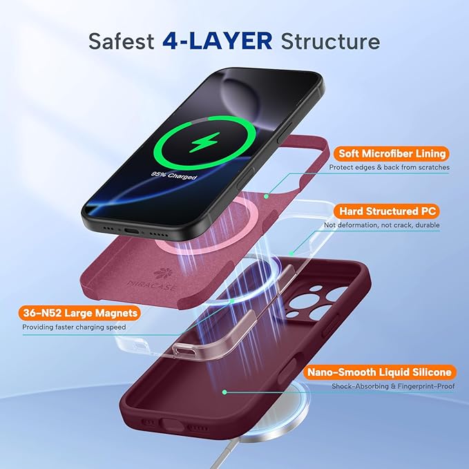 Miracase Magnetic for iPhone 16 Pro Case, [Soft Anti-Scratch Microfiber Lining], Compatible with MagSafe, Liquid Silicone Case Shockproof Drop Protection Phone Case for 16 Pro,Wine Red