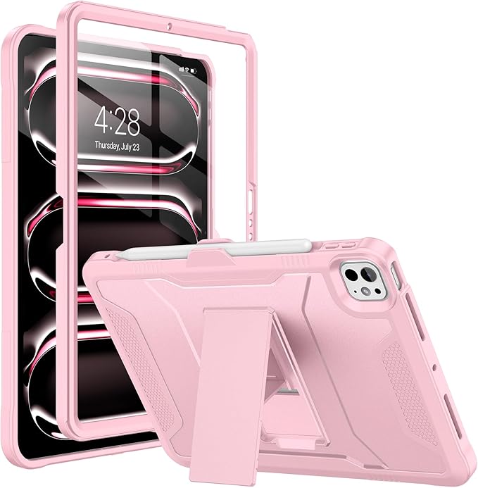 Soke Case for iPad Pro 11 Inch (M5) 2025/ (M4) 2024, with Built-in Screen Protector & Kickstand, Rugged Full Body Heavy Duty Protective Cover with Pencil Holder - Pink