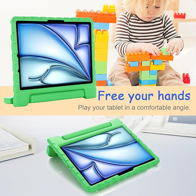 Kids Case for iPad Pro 11" M5/M4 & iPad Air 11" (2026/2025/2024) Shockproof Case with Pencil Holder, Techcircle Light EVA Foam Handle Stand Bumper Protective Child Friendly Drop Proof Cover, Green