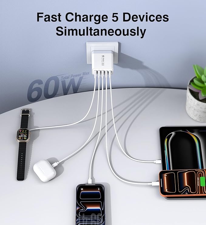 [2-Pack] USB C Wall Charger, 60W Fast USB C Charger Block, 5-Port PD Power Adapter + QC Wall Plug Multiport Type C Charging Block Cube Compatible with iPhone 17 16 15 14 13 12 Pro Max XR XS, Tablets