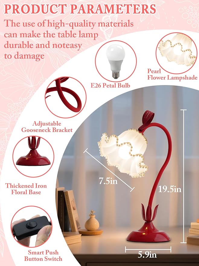 AQDZCNF Flower Table Lamp,LED Reading Light Bedside Vintage Flower Night Light,3 Colors Modes Kawaii Bedside Lamps Decor,Living Room Bedroom Room Lighting Table Lamps Home Decoration (Red Pearls)
