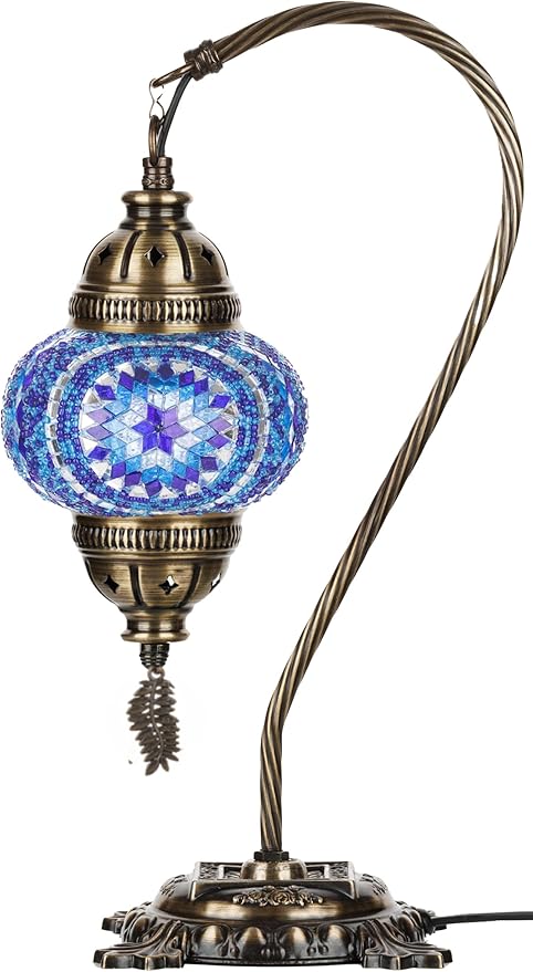 DEMMEX Turkish Moroccan Mosaic Table Lamp – Handcrafted Tiffany-Style Colorful Glass Swan Neck Bedside, Desk, Table Light, Boho Artisan Accent Lighting for Bedroom or Living Room – 15" H, Blue