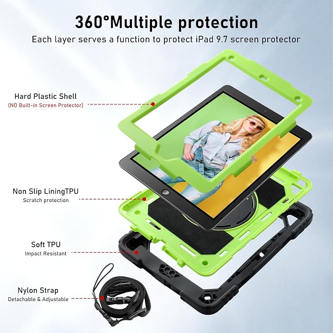 for iPad 6th Generation/iPad 5th Gen/iPad Air 2/iPad Pro 9.7" Case with Cute Key Chain, Rugged Protective Case with Rotating Stand & Shoulder Hand Strap for iPad 6th/5th/ Air 2 (Black+Yellow)