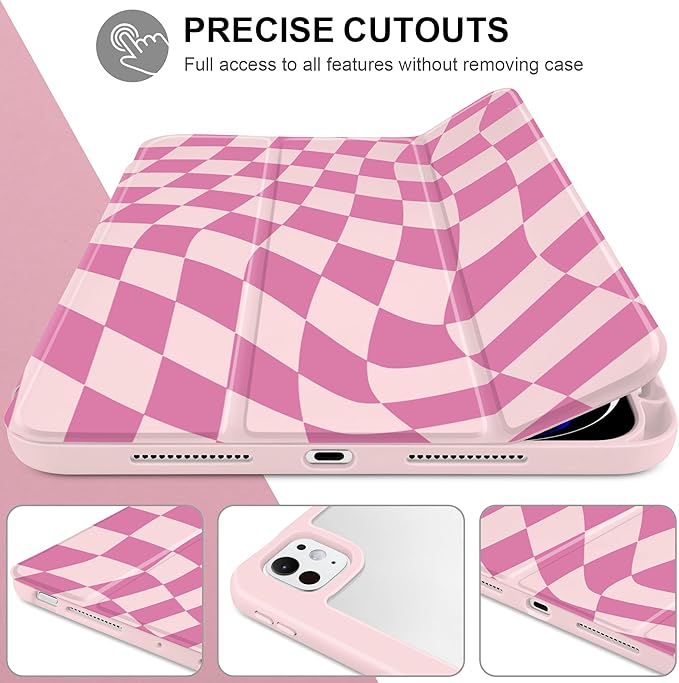 TWOLSKOO Case for iPad Pro 11-inch (M5 2025 / M4 2024), Clear Acrylic Back with TPU Bumper, Pencil Holder, Trifold Stand, Auto Sleep/Wake, Pink Wavy Checker