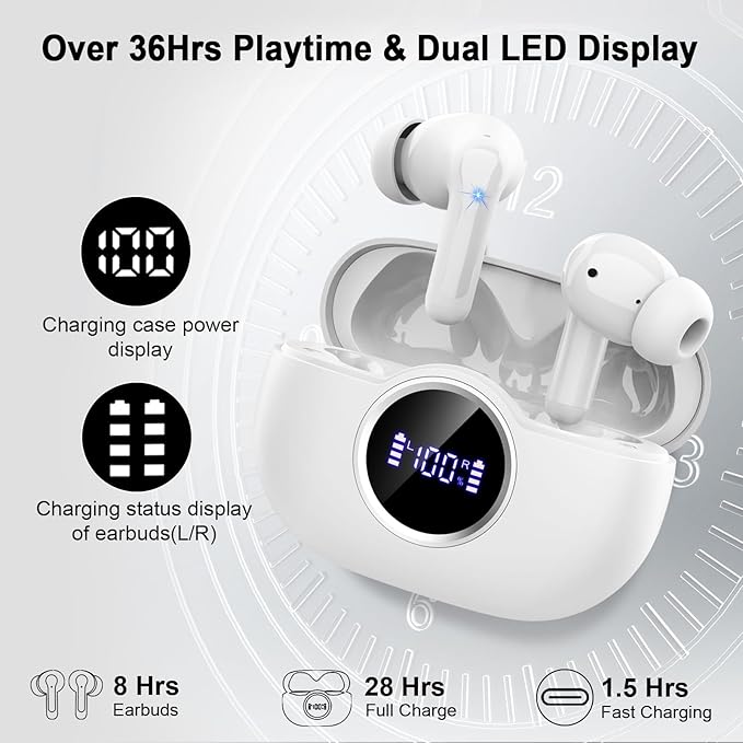 Bluetooth 5.4 Earbuds, 2026 Bass-3.0 Wireless Headphones 3D-Stereo Ear Buds, 4 ENC Noise Cancelling Mic, 40+Hrs USB-C in-Ear Earphones, IP-X7 Waterproof Sport Workout Gym for Laptop Pad Android iOS