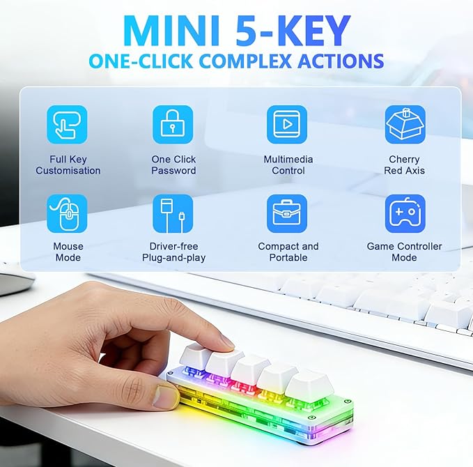aikeec 5 Keys Mini Macro Mechanical Keyboard White Programmable Gaming Keypad Hot Swap USB Wired for Windows Mac OSU Cherry MX Switches & RGB LED