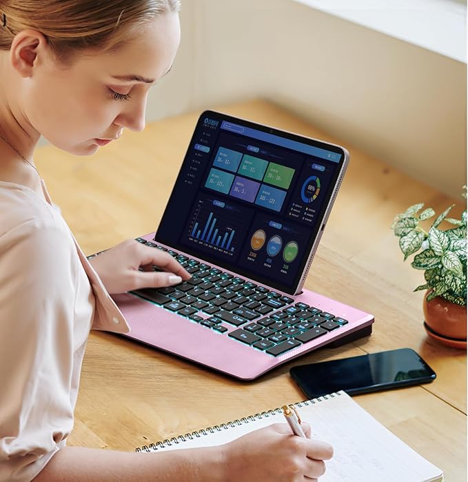 Hamile 2.4G&Bluetooth Wireless Keyboard - Light Up Keyboards with Wrist Rest - 8 Backlit Effects - Slim Rechargeable Silent with Holder for Windows, Mac, Rose Pink