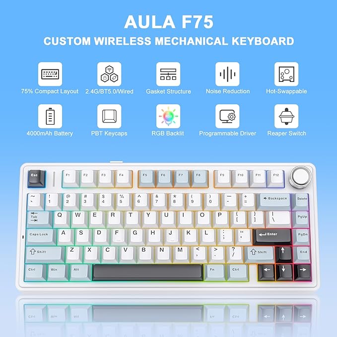 AULA F75 - 75% Wireless Mechanical Keyboard,Hot Swappable Custom Gaming Keyboard with Knob,BT5.0/2.4GHz/USB-C,RGB Backlit,Pre-lubed Reaper Switches,Double Shot PBT Keycaps,Mechanical Gaming Keyboards