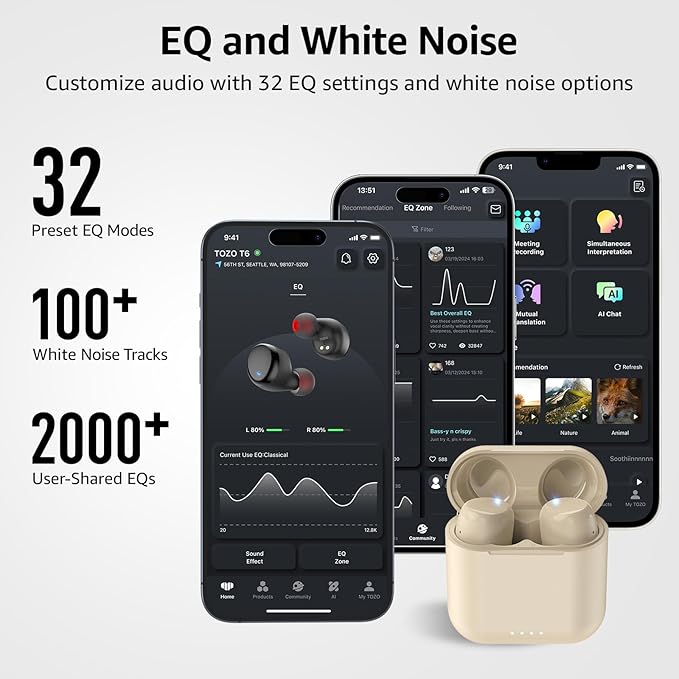 TOZO T6 Wireless Earbuds, Bluetooth 5.3 Ear Buds, Stereo Sound in Ear Headphones, 50 Hours Playtime, Wireless Charging Case, APP Customizable EQs, IPX8 Waterproof Earphones