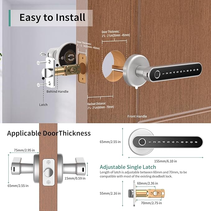 IRONZON Fingerprint Door Handle for Bedrooms - 191Y 4-in-1 Fingerprint Door Lock with Keypad and App Control, Smart Knob for Bedroom with Key, Keyless Entry Door Handle - Silver