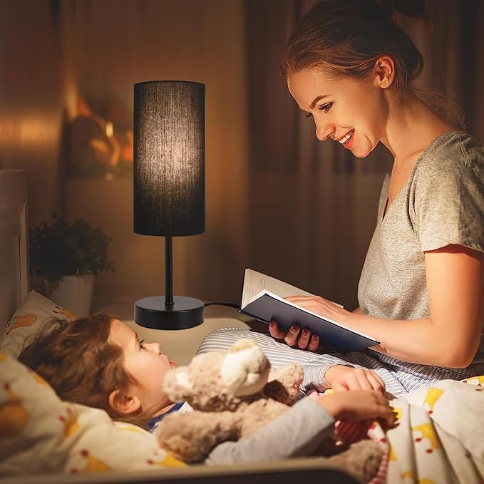 RISLG 2 Pack Table Lamp for Bedroom, Bedside Lamps for Nightstand with Wire Switch, Minimalist Desk Lamps with Linen Fabric Shade for Kids Room Living Room Office Dorm, Bulb Included