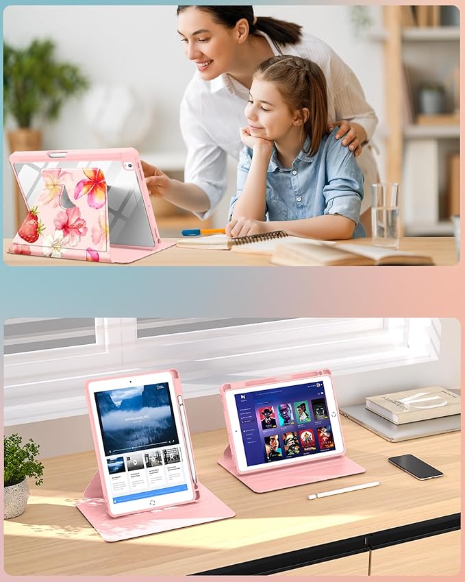 Uppuppy for iPad 9th/8th/7th Generation Case for iPad Air 3rd/ Pro 10.5” Case - 360 Rotating Stand Folio Smart Cover with Pencil Holder for Women Girls, Hibiscus for Apple Tablet 7/8/9 Gen 10.2 inch