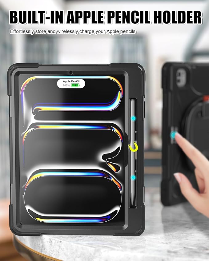 BRAECN Case for iPad Pro 11 (M4/M5) 2024/2025, Heavy Duty Silicone Cover with Screen Protector, Pencil Holder, Shoulder Strap, 360° Rotating Handle Grip, Stable Kickstand for iPad Pro 11 2024, Black