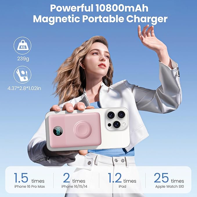 Magnetic Portable Charger for MagSafe with Built-in Cable,iWatch Charger,10800mAh Wireless Power Bank Travel Essentials,25W PD Fast Charging Battery Pack for iPhone 17/16/15/14/13/12,Apple Watch-Pink