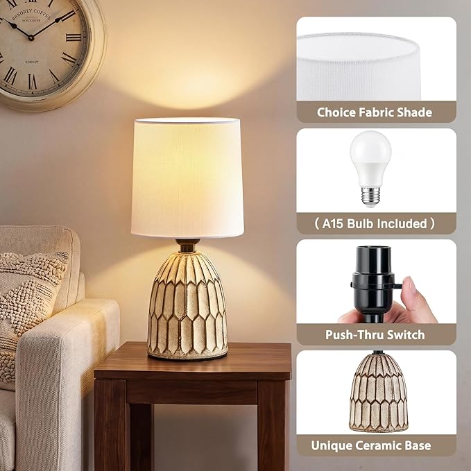 EJIAXIN Small Table Lamp -13.5" Boho Lamp - Bedside Lamps - Farmhouse Rustic Ceramic Table Lamp for Bedroom, Living Room, Nightstand, Office, Side Desk Lamp, End Table Lamp