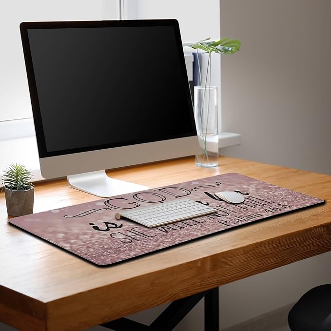 Gaming Mouse Pad Pink Desk Pad, XXL Mouse Pads Desk Decor for Girls Keyboard Pad, Oversized Mouse Pad Non-Slip Rubber Base, 35.4 X 15.7 in for Work/Game/Office She Will Not Fall- Bible Verse