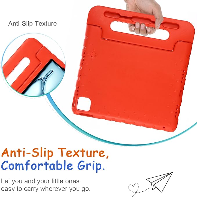 Kids Case for iPad Pro 11" M5/M4 & iPad Air 11" (2026/2025/2024) Shockproof Case with Pencil Holder, Techcircle Light EVA Foam Handle Stand Bumper Protective Child Friendly Drop Proof Cover, Red