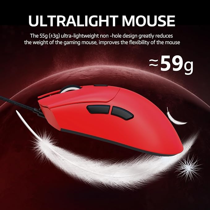 ATTACK SHARK R1 Wireless Gaming Mouse,Tri-Mode Connection (2.4G/Wired/BT5.2),55g Lightweight,18K DPI Optical Sensor,HUYU 20 Million Key Life,Ergonomic Design,for PC/Laptop/Win/Mac(Red)