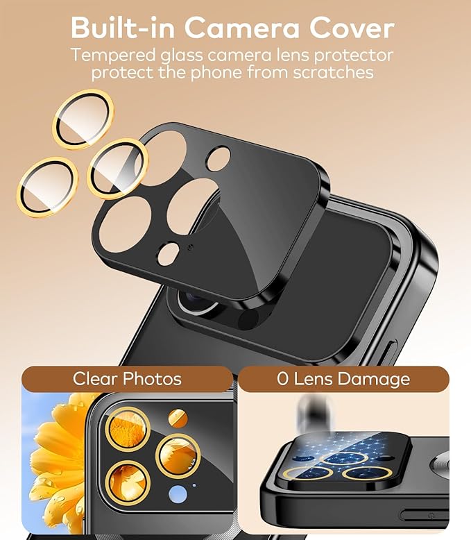TOBOVON Magnetic for iPhone 16 Pro Case with Ring Stand, Fits MagSafe, with Built-in Camera Lens Protector, Slim Electroplated Shockproof Phone Cover, Black