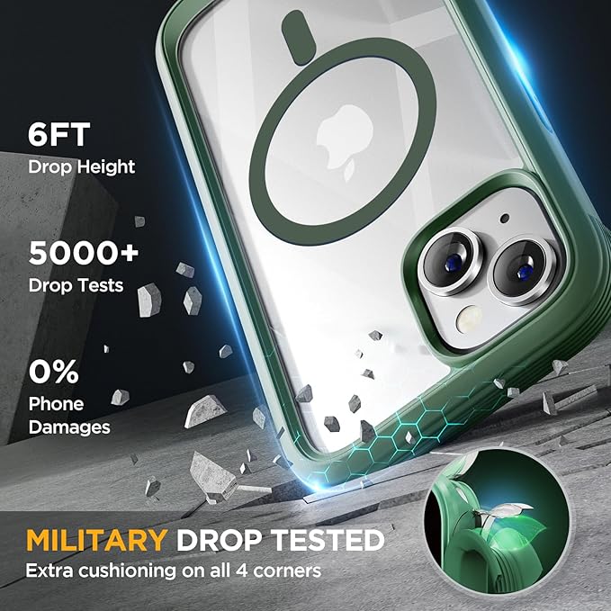 Miracase Glass Series Designed for iPhone 14 Plus Case 6.7 inch, 2023 Upgrade Full-Body Magnetic Clear Case with Built-in 9H Tempered Glass Screen Protector,Compatible with MagSafe,Green