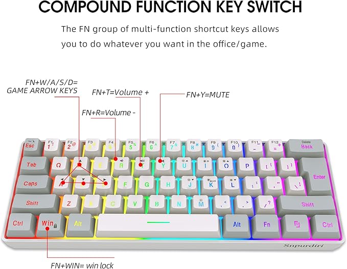 Snpurdiri 60% Wired Gaming Keyboard, 61 Keys RGB Backlit Small Gaming Keyboard for PC/Mac Gamer, Typist, Travel, Easy to Carry on Business Trip(Grey-White)