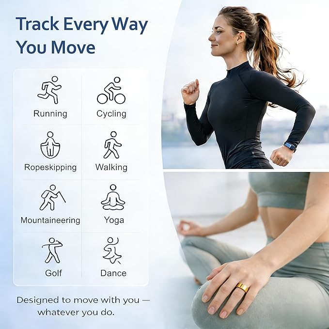 Smart Ring Health & Fitness Tracker for Men & Women, Heart Rate, SPO₂, Sleep & Activity Monitoring, IP68 Waterproof, Long Battery Life, Family Care Mode, No Subscription Fee (Gold, 12)