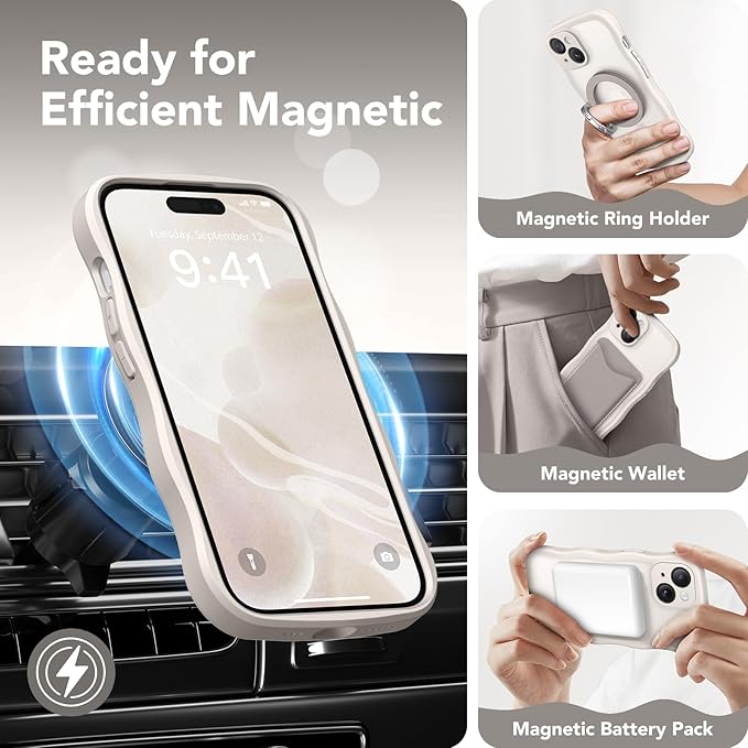 CAPRARO Cute for iPhone 15 Plus Case, Compatible with MagSafe, [Curly Wave Edge] [Full Camera Protection] [14 FT Drop Protection] Magnetic Phone Case for 15 Plus 6.7 Inch, Stone