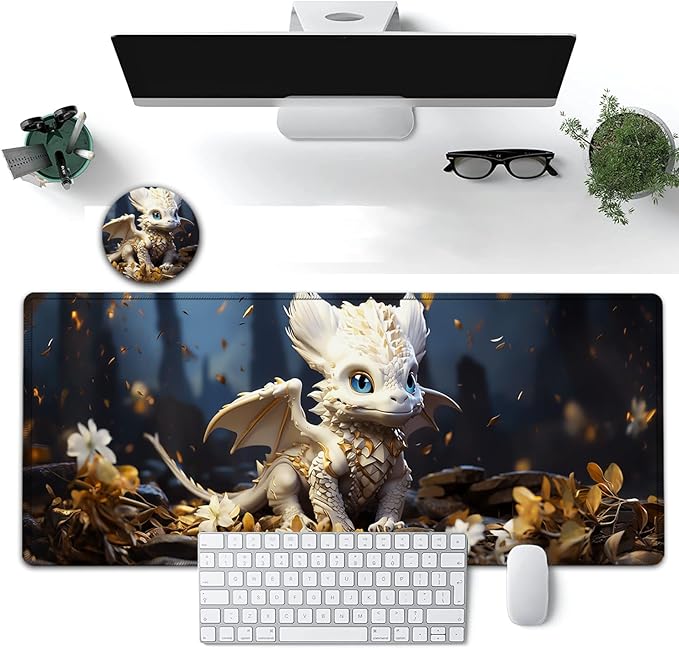 Large Mouse Pad, 31.5 x 11.8in Extended Gaming Mouse Pad with Stitched Edges, XXL Mousepad Protector Non Slip Rubber Base for Office and Home Writing Mat, Cute Little White Dragon Pattern Desk Mat