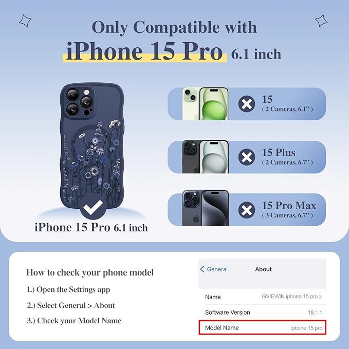 GVIEWIN for iPhone 15 Pro Case Compatible with MagSafe [Curly Wave Edge][Full Camera Protection] Floral Translucent Shockproof Magnetic Women Phone Case for iPhone 15 Pro 6.1'', Floratopia/Blue