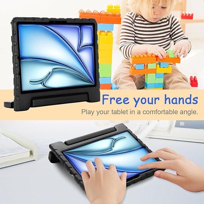 Kids Case for iPad Pro 11" M5/M4 & iPad Air 11" (2026/2025/2024) Shockproof Case with Pencil Holder, Techcircle Light EVA Foam Handle Stand Bumper Protective Child Friendly Drop Proof Cover, Black