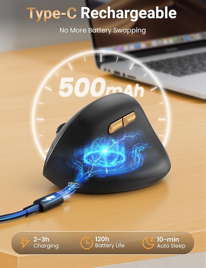 Ergonomic Vertical Wireless Mouse, 57° Natural Handshake for Wrist Pain Relief, Rechargeable 2.4G USB Computer Mouse, Quiet Click, 800/1200/1600 DPI, for Laptop PC Mac, Small/Medium Hands (Black)