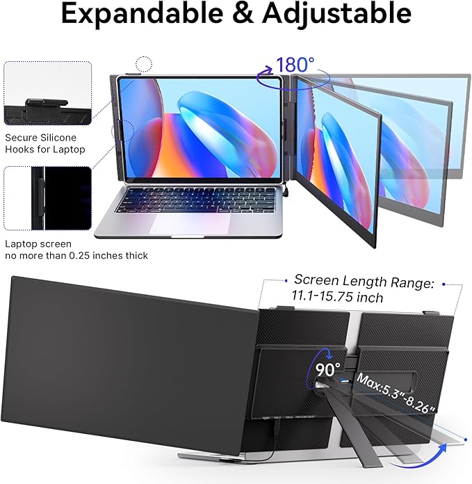 Laptop Screen Extender - 14" FHD IPS 1080P Dual Portable Monitor for 13.3"-17.3" Laptop USB-C/USB-A/HDMI Monitors Display Travel Work Monitor Extender for Mac Windows