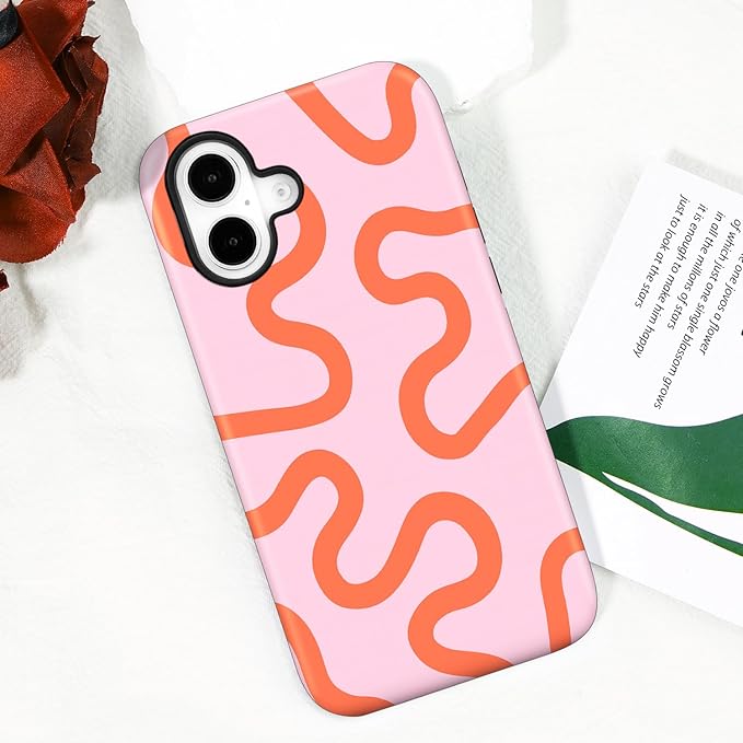 Magnetic for iPhone 17 Case Cute Curved Stripes Phone Case, Shockproof Slim TPU and Hard PC Protective Phone Cover Compatible with MagSafe Designed for Women Girls,Pink